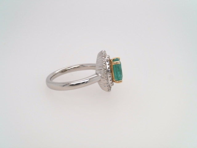 Platinum & 18 Karat Yellow Gold Emerald & Diamond Halo Style Ring