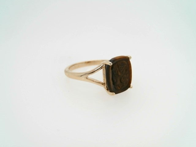 14 Karat Yellow Gold Cushion Shaped Carved Tiger's Eye Intaglio Split Shank Ring