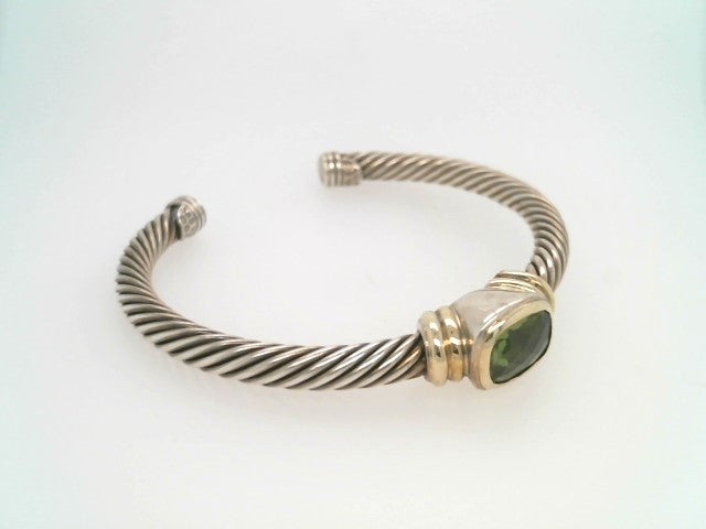 Vintage Sterling Silver & 14 Karat Yellow Gold Peridot "Cable" Cuff Bracelet, Signed David Yurman