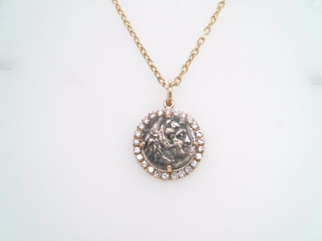 14 Karat Yellow Gold Silver Macedonian Drachm Coin Pendant With Diamond Bezel