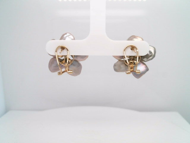 Vintage 14 Karat Yellow Gold Grey Freshwater Pearl & Diamond Flower Earrings
