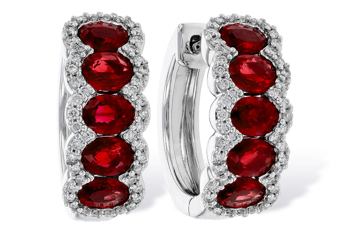 14 Karat White Gold Ruby & Diamond Hoop Style Earrings