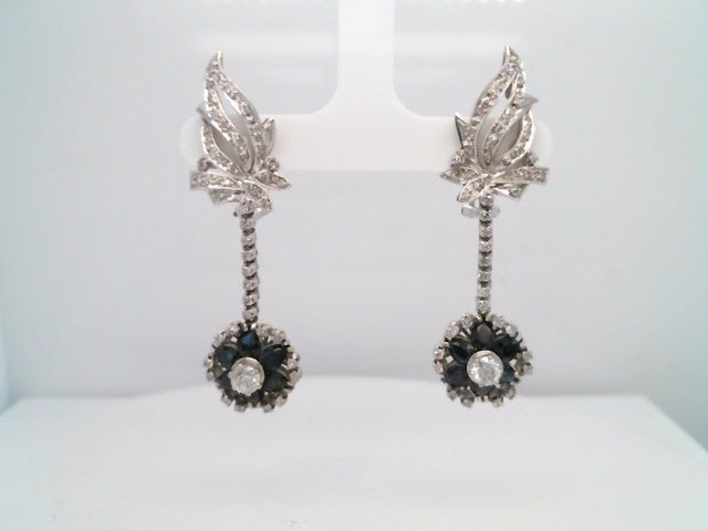Vintage Retro Platinum Blue Sapphire & Diamond Dangle Earrings