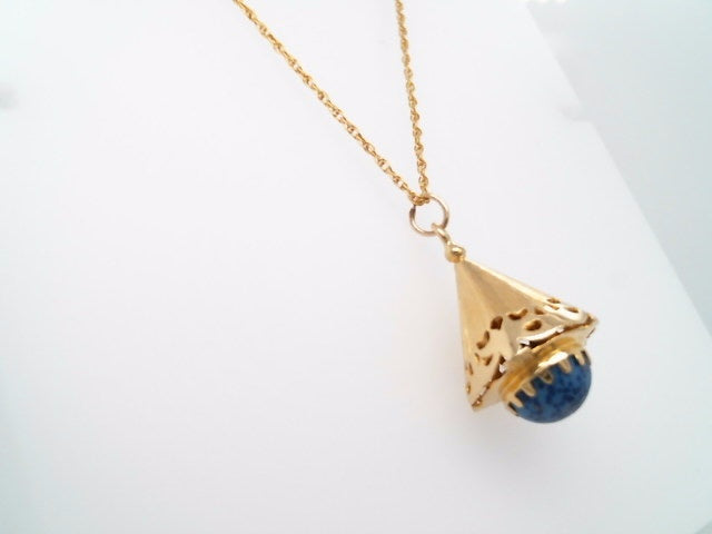 Vintage 18 Karat Yellow Gold Cone Shaped Charm/Pendant With Blue Glass Cabochon From Italy Circa 1960