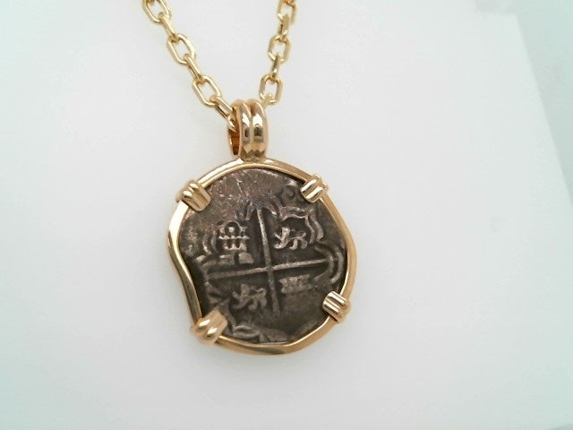 Silver 2 Reale Coin Prong Set In 14 Karat Yellow Gold Bezel Pendant
