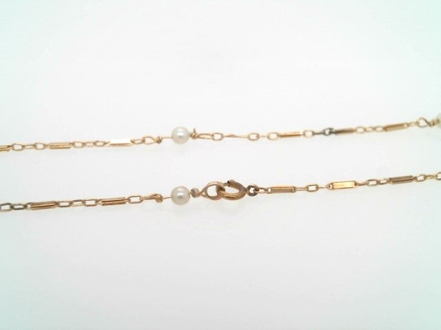 Vintage 14 Karat Yellow Gold Fancy Link & Pearl Station Chain Necklace, 24"