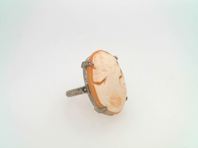 Vintage Sterling Silver Carved Seashell Cameo Ring With Milgrgrain & Engraved Flower Detail