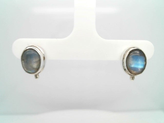 Vintage Sterling Silver Oval Bezel Set Moonstone Earrings