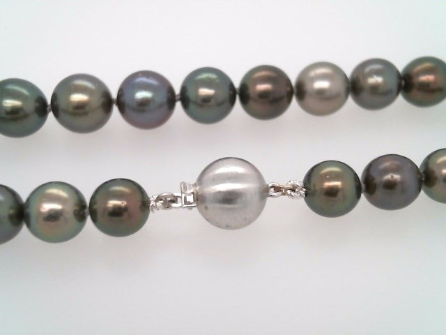14 Karat White Gold Multi Color Dark Grey Tahitian Cultured Pearl Strand Necklace With Ball Clasp, 17.5"