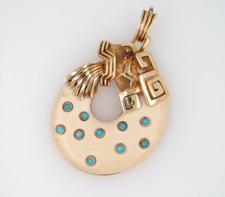 Vintage 18 Karat Yellow Gold "Ouroboros" Snake Pendant/Pearl EnhancerMade Out Of Inlaid Bone And Turquoise With Ruby Eye.