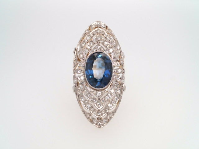 Vintage 18 Karat Yellow & White Gold Synthetic Blue Sapphire & Diamond Large Marquise Shaped Filigree Statement Ring