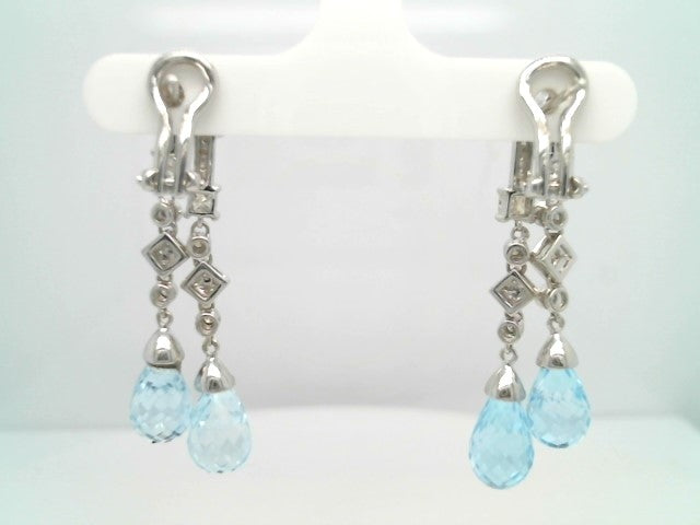 Vintage 14 Karat White Gold Blue Topaz Briolette & Diamond Earrings With Omega Backs