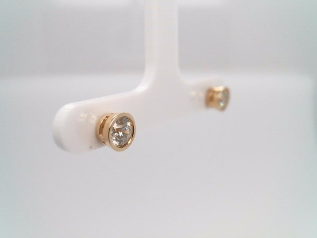 Vintage 14 Karat Yellow Gold Bezel Set Round Brilliant Diamond Stud Earrings