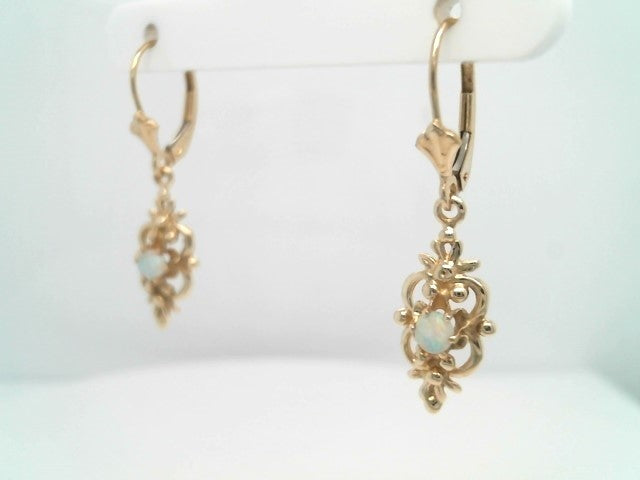 Vintage 14 Karat Yellow Gold Floral Motif Opal Dangle Earrings With Leverbacks