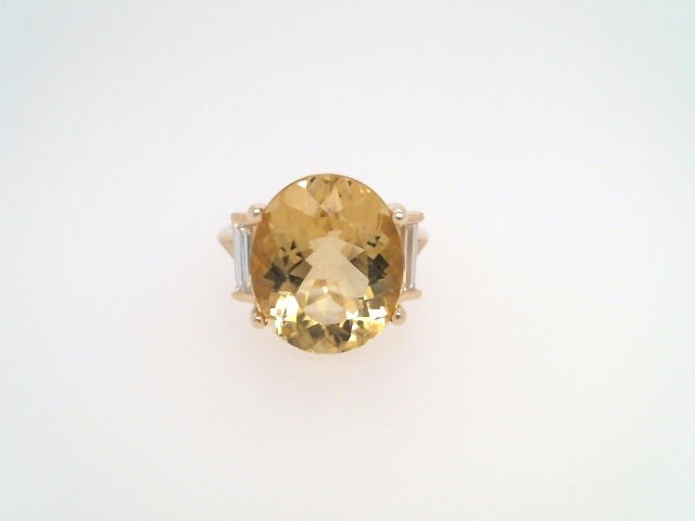 14 Karat Yellow Gold Oval Heliodor & Straight Baguette Diamond Ring
