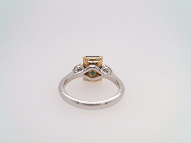 Platinum & 18 Karat Yellow Gold Emerald & Diamond 3 Stone Ring