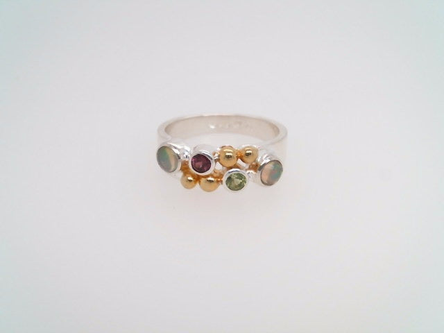 Sterling Silver And 22 Karat Gold Vermeil Ring With 2 Ethiopian Opals, 1 Peridot And 1 Rhodolite Garnet