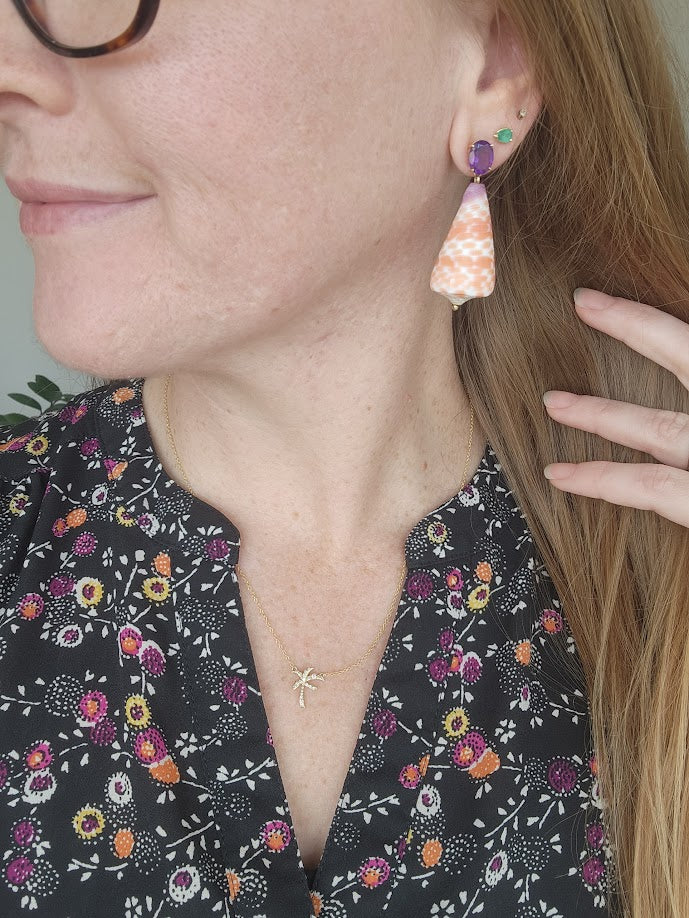14 Karat Yellow Gold Amethyst & Orange Cone Shell Dangle Earrings