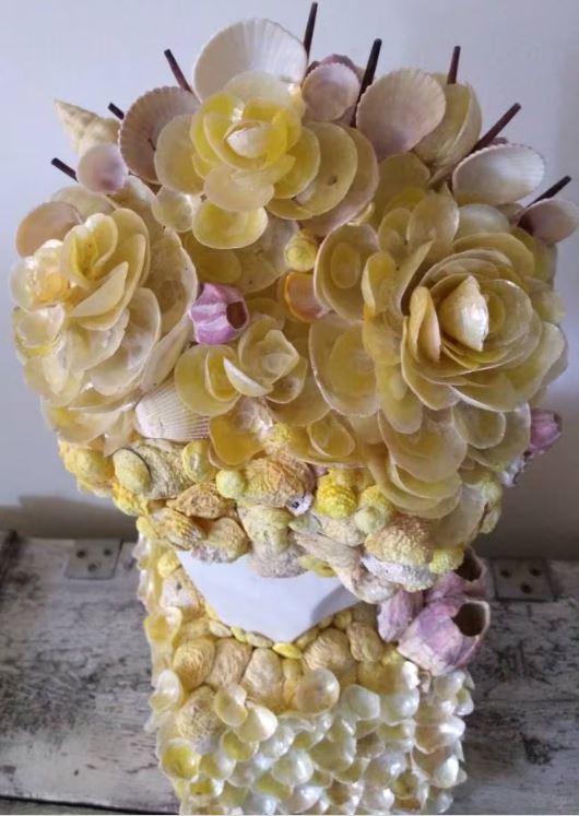 Shell Incrusted Bust Statue With Hand Picked Florida Sea Shells & Barn