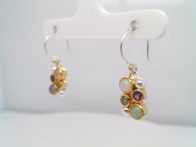 Sterling Silver With 22 Karat Gold Vermeil Earrings With 4 Ethiopian Opals, 2 Peridot And 2 Rhodolite Garnet