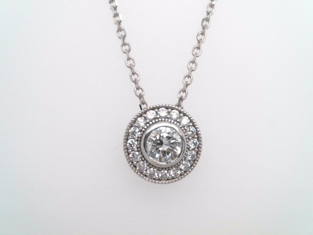 14 Karat White Gold Diamond Halo Pendant Necklace With Cable Chain 18-20"