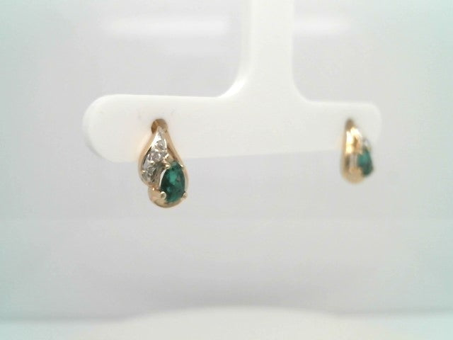 Vintage 10 Karat Yellow Gold Pear Shaped Emerald Earrings With Diamond Accents