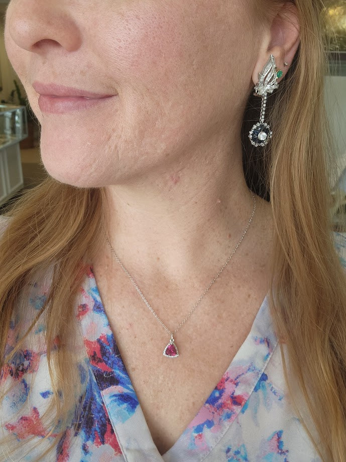 Vintage Retro Platinum Blue Sapphire & Diamond Dangle Earrings