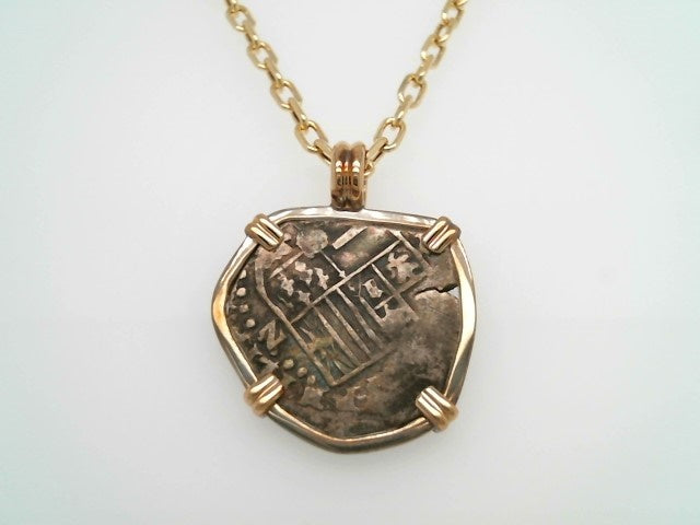Silver 2 Reale Coin Pendant Prong Set In Sterling Silver Bezel With 14 Karat Yellow Prongs