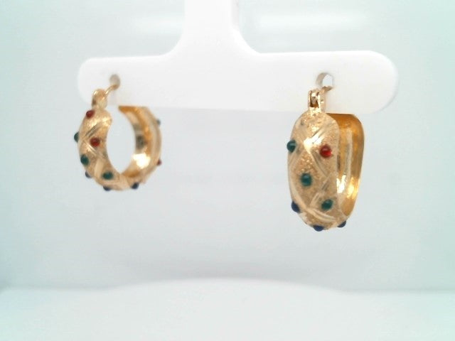 Vintage 14 Karat Yellow Gold Etched Hoop Earrings With Red, Blue & Green Enamel Accents