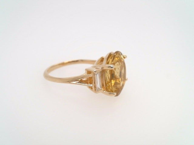 14 Karat Yellow Gold Oval Heliodor & Straight Baguette Diamond Ring
