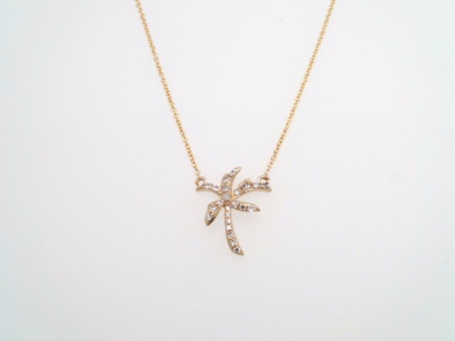 14 Karat Yellow Gold Fixed Diamond Palm Tree Necklace 18" In Length With A Loop At 16"