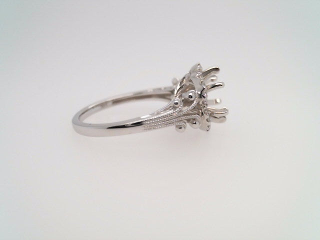 14 Karat White Gold Diamond Halo Style Engagement Ring Mounting With Milgrain Detail For A 2.00 Carat Center
