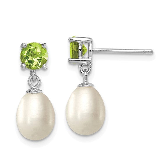 Sterling Silver White Freshwater Cultured Pearl And Peridot Drop Earrings
