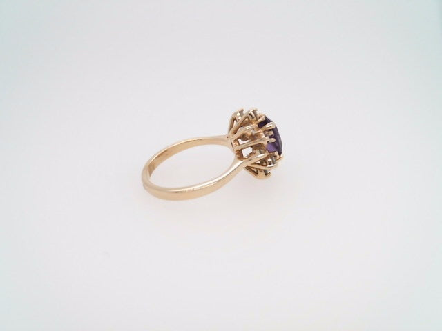 Vintage 14 Karat Yellow Gold Amethyst & Diamond Halo Ring