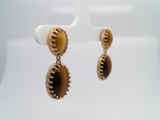 14 Karat Yellow Gold 2 Tier Oval Tiger's Eye Dangle Earrings