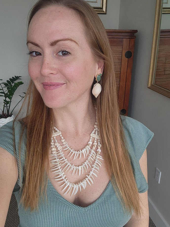 Handmade 14 Karat Yellow Gold Green Adventurine Scarab, Emerald & Florida Scotch Bonnet Seashell Dangle Earring With Omega Backs