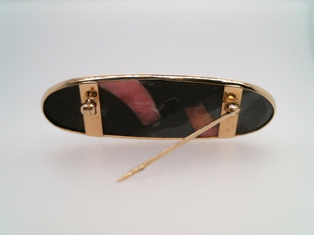 Vintage 14 Karat Yellow Gold Rhodochrosite, Black Onyx, & Hematite Mosaic Gemstone Pin
