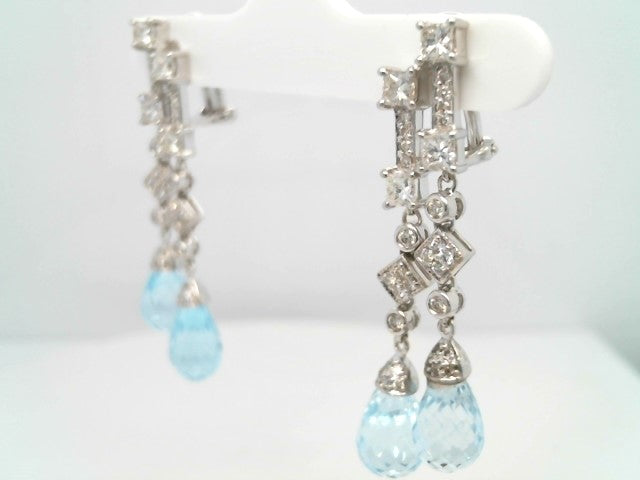 Vintage 14 Karat White Gold Blue Topaz Briolette & Diamond Earrings With Omega Backs