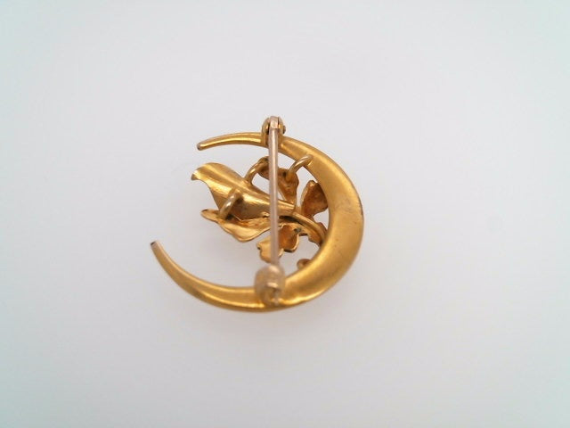 Antique Victorian 10 Karat Yellow Gold Crescent Moon Floral Pin With Seed Pearl