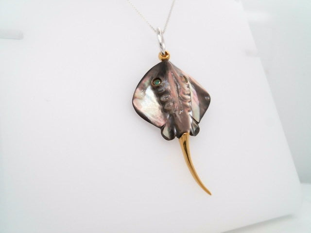Sterling Silver With 22 Karat Gold Vermeil Carved Mother Of Pearl Stingray With 2 Emerald Eyes 18 " Chain Included