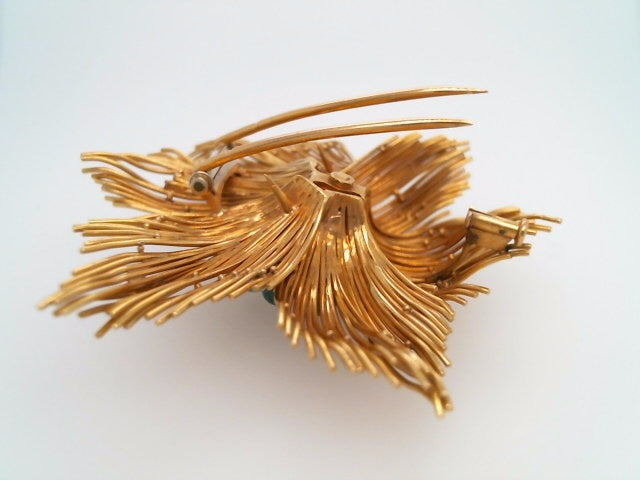 Vintage Retro 18 Karat Yellow Gold Floral Starburst Pin With Cabochon Emeralds & Diamonds