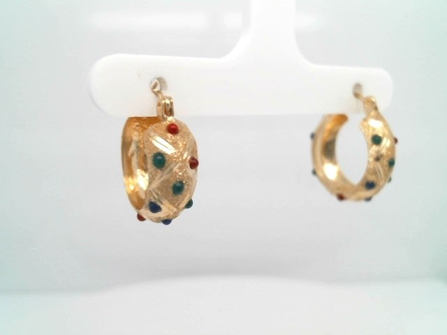 Vintage 14 Karat Yellow Gold Etched Hoop Earrings With Red, Blue & Green Enamel Accents
