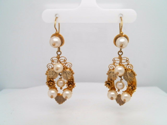 Vintage 14 Karat Yellow Gold Pearl Earrings With Flowers, Leaves & Scroliing Filgree Design