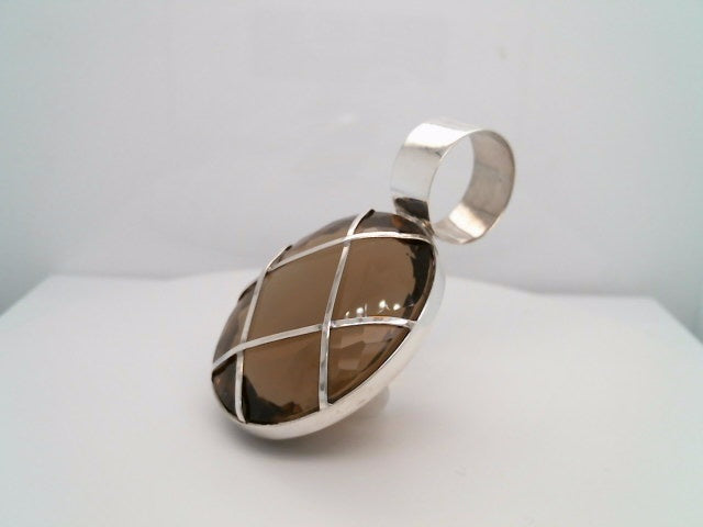 Vintage Sterling Silver Oval Smokey Quartz Pendant With Lattice Design