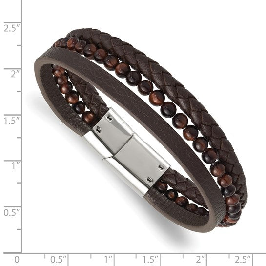 Stainless Steel Polished With Tiger's Eye Brown Leather 8.25" Bracelet