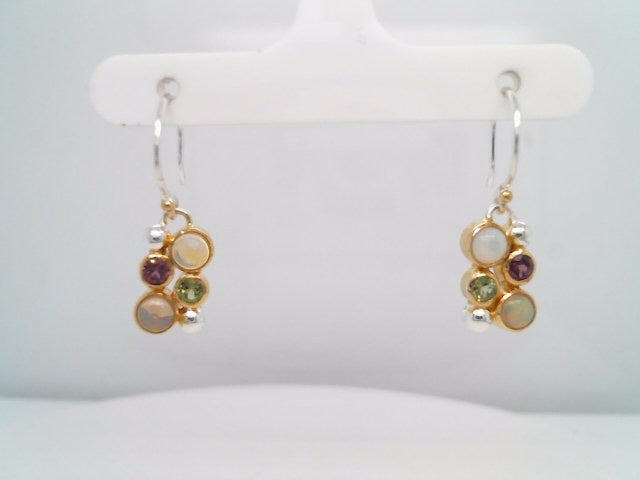 Sterling Silver With 22 Karat Gold Vermeil Earrings With 4 Ethiopian Opals, 2 Peridot And 2 Rhodolite Garnet