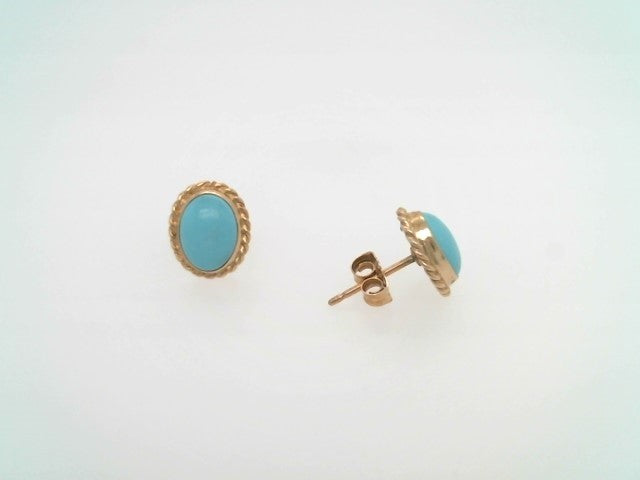 Vintage 14 Karat Yellow Gold Oval Turquoise Rope Edge Stud Earrings