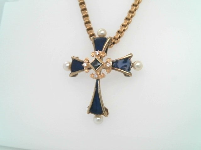 Vintage 14 Karat Yellow Gold Blue Enamel, Sapphire, Diamond & Pearl Cross Pendant