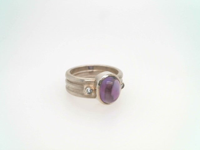 Sterling Silver "Orbit" Cabochon Amehtyst Ring With Diamond Accents