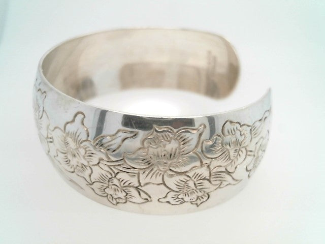 Vintage Sterling Silver "Daffodil" Etched Cuff Bangle Bracelet, Signed S. Kirk & Sons, Jonquil